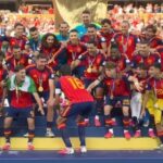 Španěsko jako vítěz ms ve fotbale 2026 společně s prezidentem Trumpem